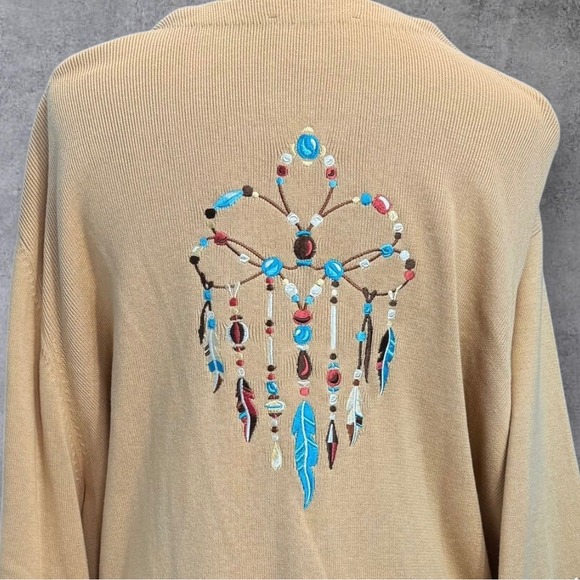 Bob Mackie Wearable Art Beige Dreamcatcher Embroidered Cardigan Sweater Size 3X - Picture 9 of 10